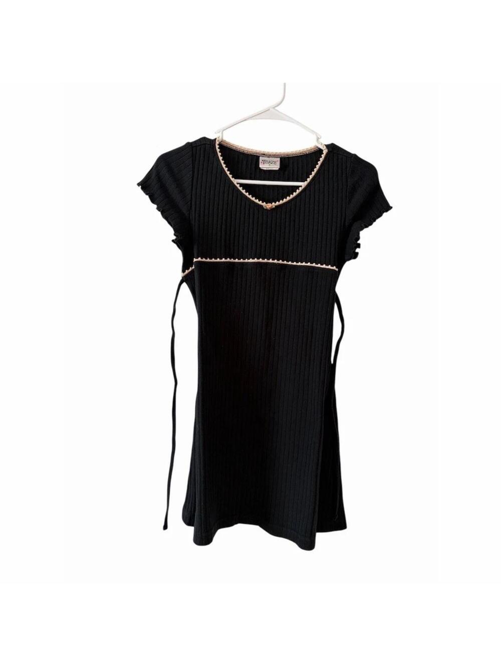 Vintage 90’s Teaze Dress Girl’s Size 12 Black Ivory Trim Ribbed Knit Tie-Back - Picture 1 of 4